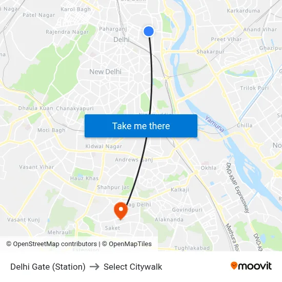 Delhi Gate (Station) to Select Citywalk map