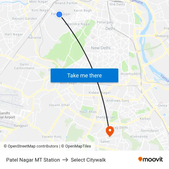 Patel Nagar MT Station to Select Citywalk map