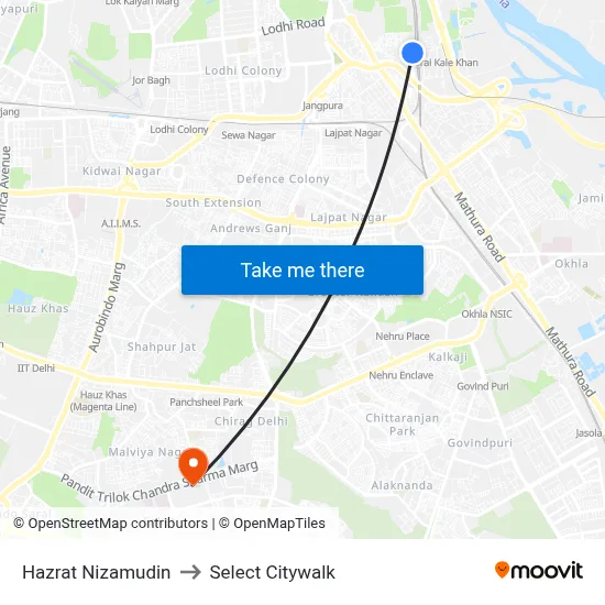 Hazrat Nizamudin to Select Citywalk map