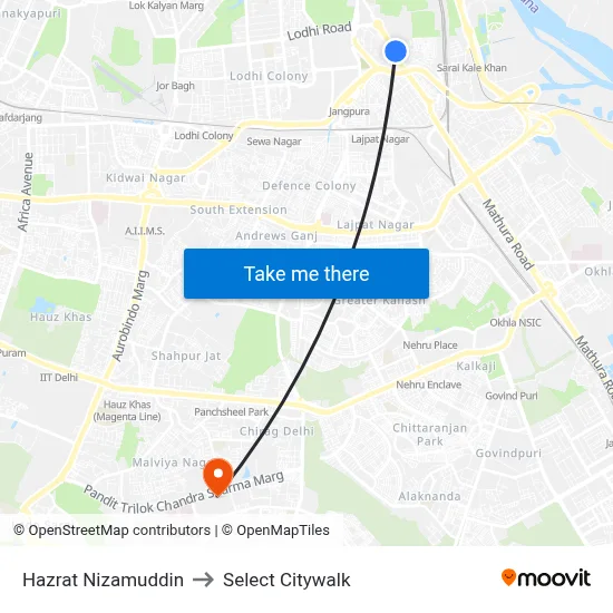 Hazrat Nizamuddin to Select Citywalk map