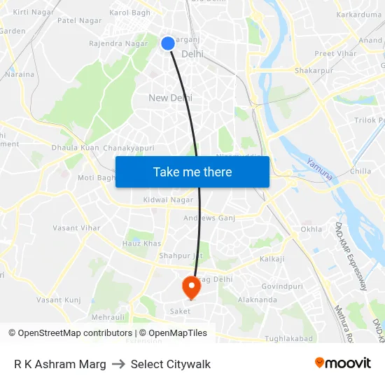 R K Ashram Marg to Select Citywalk map