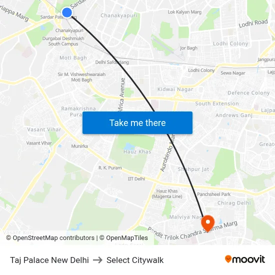 Taj Palace New Delhi to Select Citywalk map