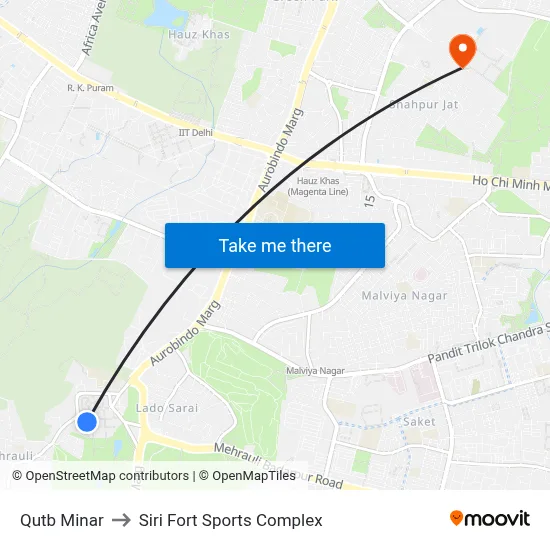Qutb Minar to Siri Fort Sports Complex map