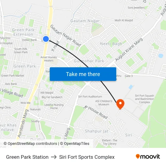 Green Park Station to Siri Fort Sports Complex map