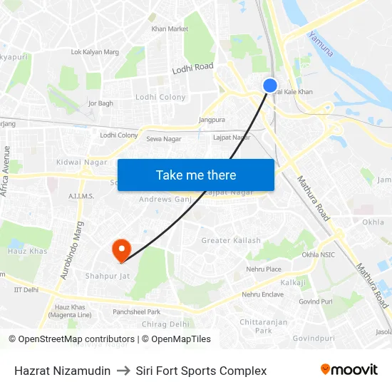 Hazrat Nizamudin to Siri Fort Sports Complex map