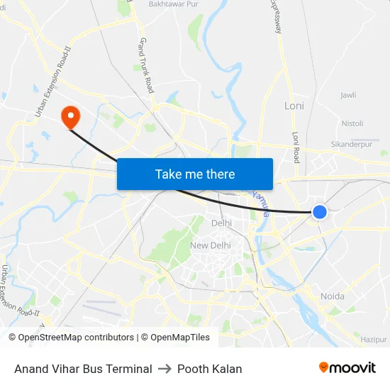 Anand Vihar Bus Terminal to Pooth Kalan map