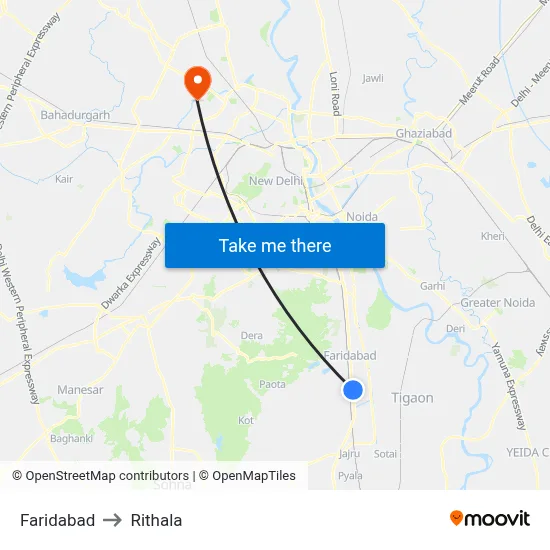 Faridabad to Rithala map