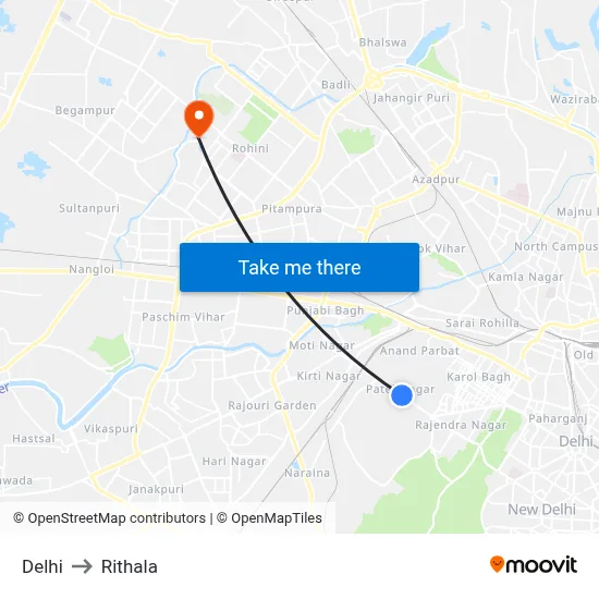 Delhi to Rithala map