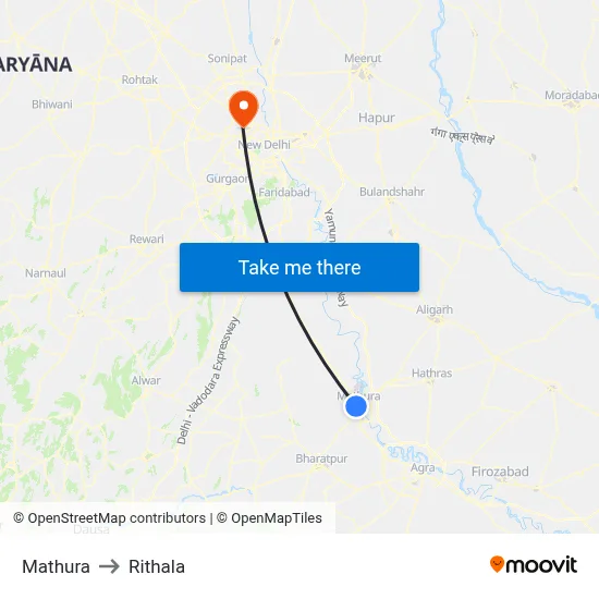 Mathura to Rithala map