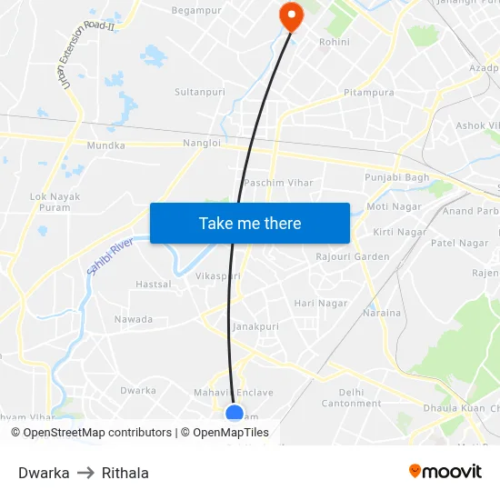 Dwarka to Rithala map