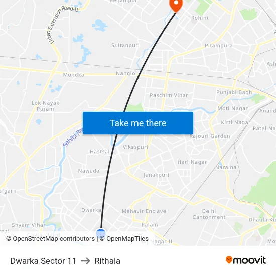 Dwarka Sector 11 to Rithala map