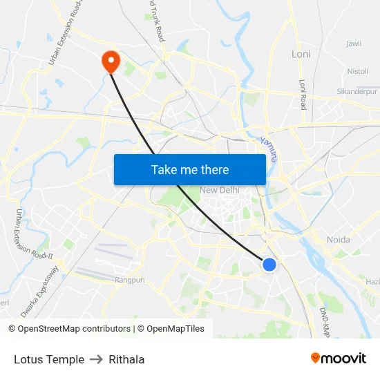 Lotus Temple to Rithala map