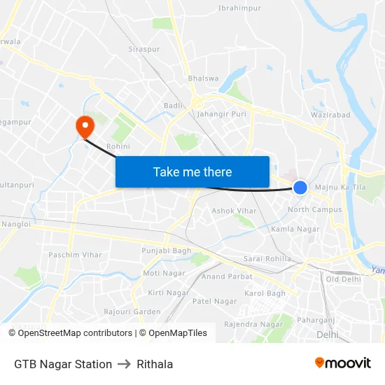 GTB Nagar Station to Rithala map