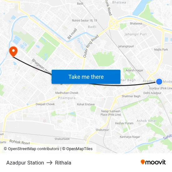 Azadpur Station to Rithala map