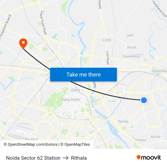 Noida Sector 62 Station to Rithala map