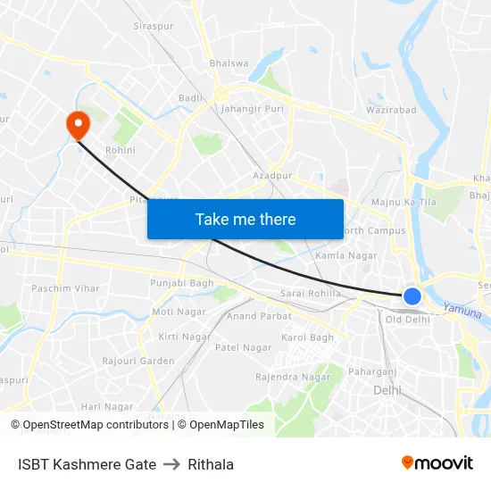 ISBT Kashmere Gate to Rithala map