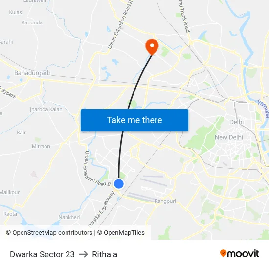 Dwarka Sector 23 to Rithala map