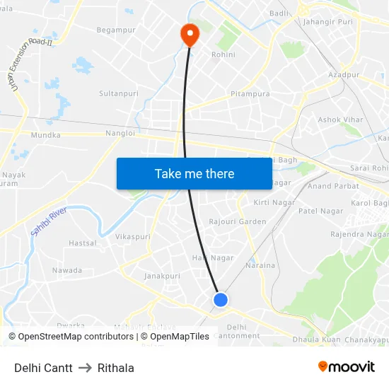 Delhi Cantt to Rithala map