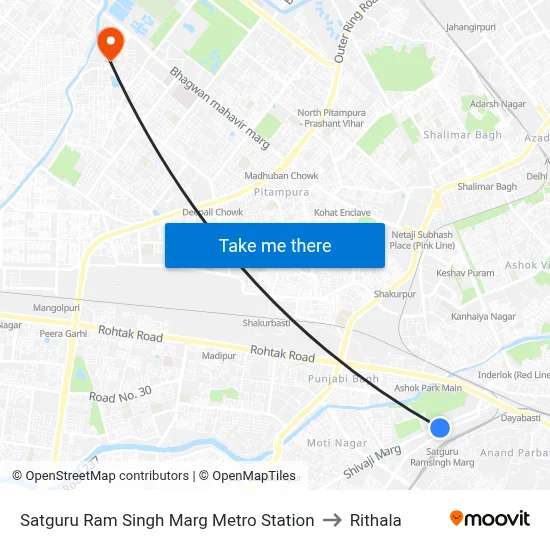 Satguru Ram Singh Marg Metro Station to Rithala map