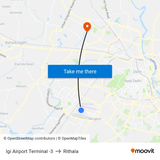 Igi Airport Terminal -3 to Rithala map