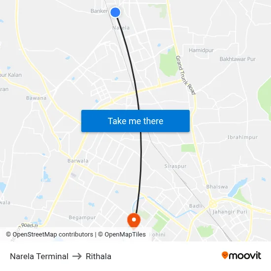 Narela Terminal to Rithala map