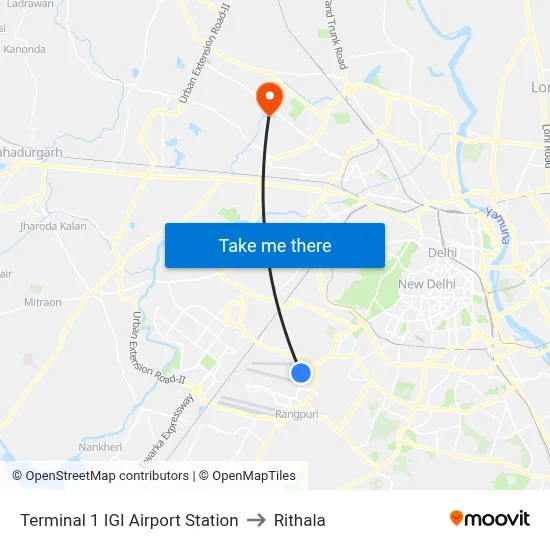 Terminal 1 IGI Airport Station to Rithala map