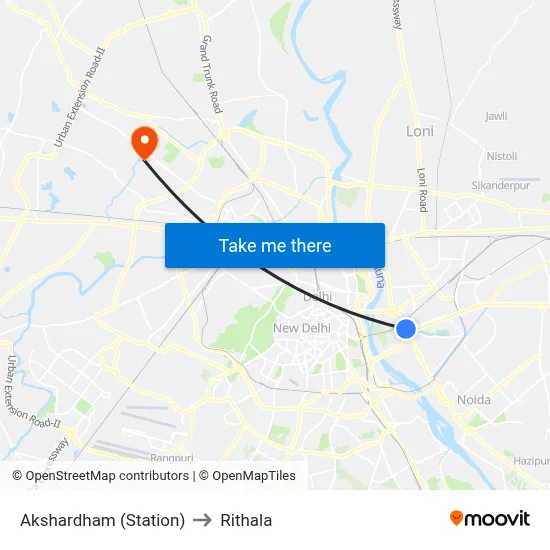 Akshardham (Station) to Rithala map