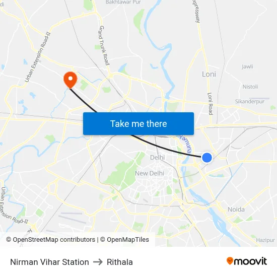 Nirman Vihar Station to Rithala map