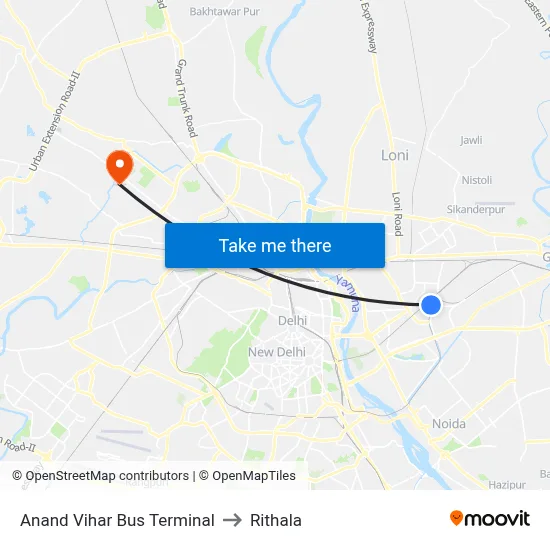 Anand Vihar Bus Terminal to Rithala map