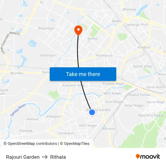 Rajouri Garden to Rithala map