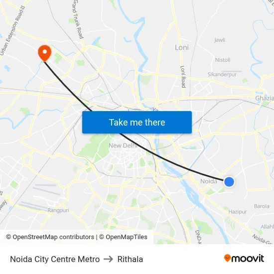 Noida City Centre Metro to Rithala map