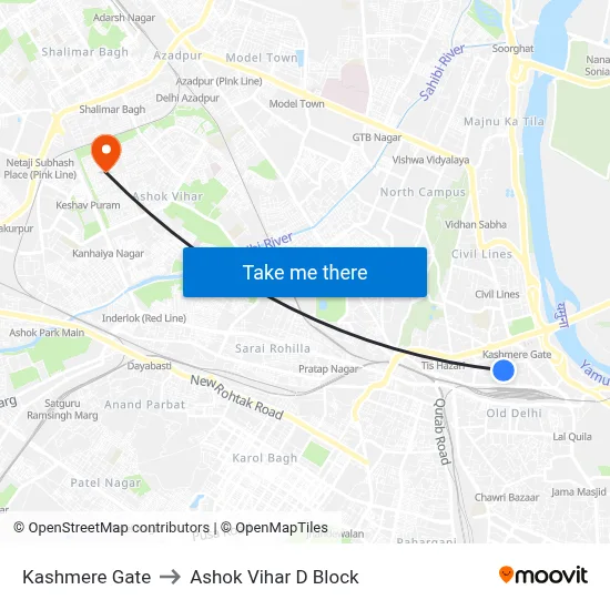 Kashmere Gate to Ashok Vihar D Block map