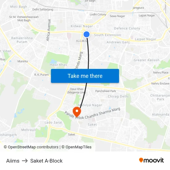 Aiims to Saket A-Block map