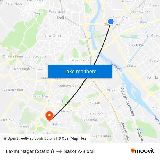 Laxmi Nagar (Station) to Saket A-Block map