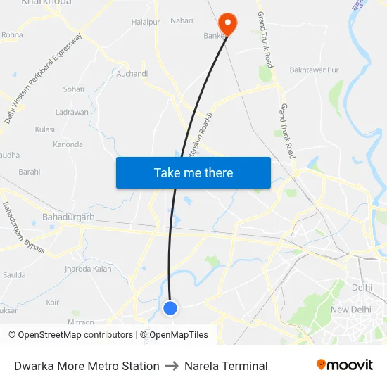 Dwarka More Metro Station to Narela Terminal map