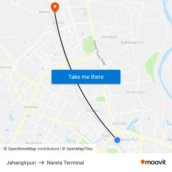 Jahangirpuri to Narela Terminal map