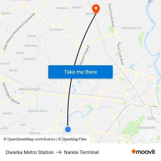 Dwarka Metro Station to Narela Terminal map