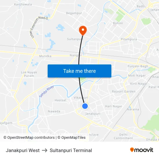 Janakpuri West to Sultanpuri Terminal map