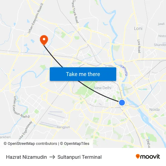 Hazrat Nizamudin to Sultanpuri Terminal map