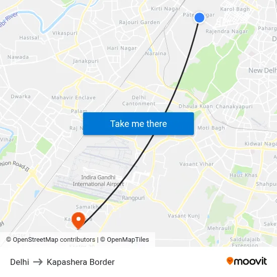 Delhi to Kapashera Border map