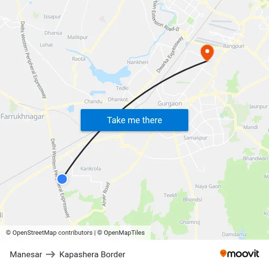 Manesar to Kapashera Border map