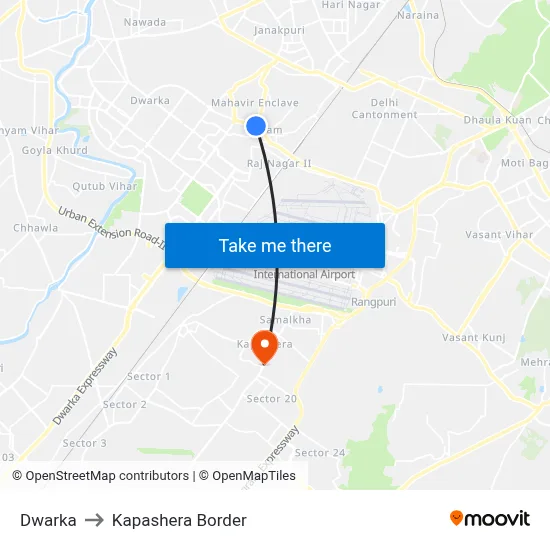 Dwarka to Kapashera Border map