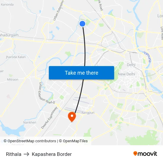 Rithala to Kapashera Border map