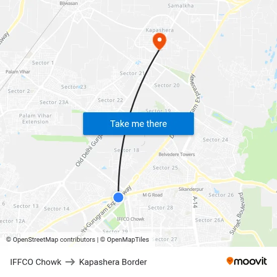 IFFCO Chowk to Kapashera Border map