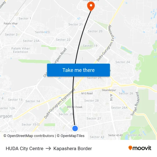 HUDA City Centre to Kapashera Border map