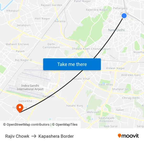 Rajiv Chowk to Kapashera Border map