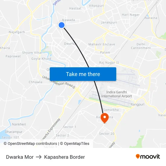 Dwarka Mor to Kapashera Border map