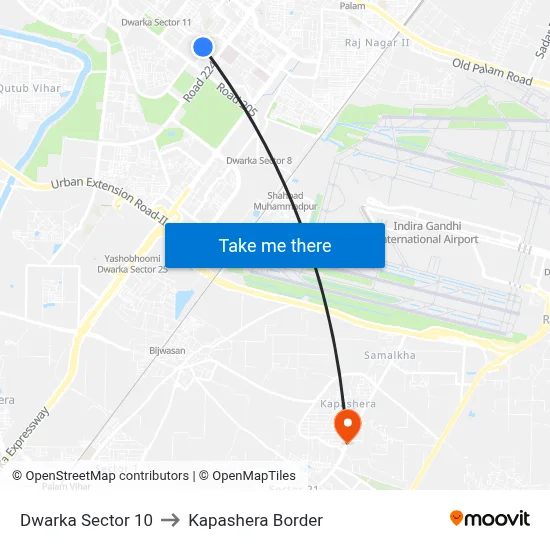Dwarka Sector 10 to Kapashera Border map
