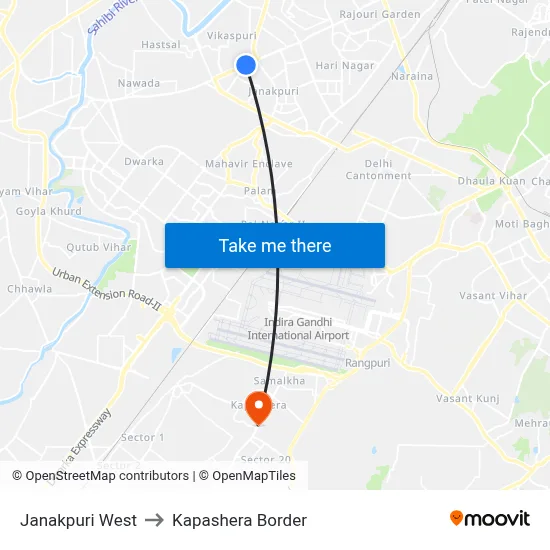 Janakpuri West to Kapashera Border map