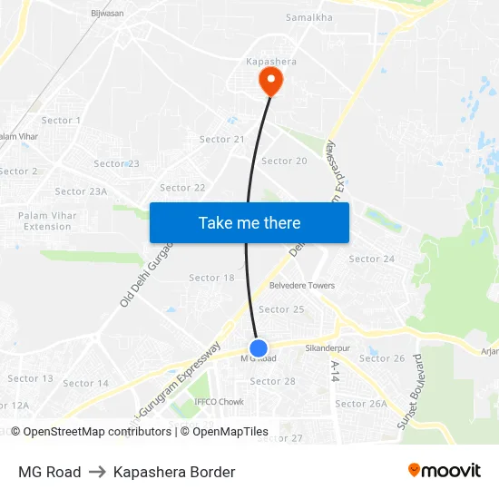 MG Road to Kapashera Border map